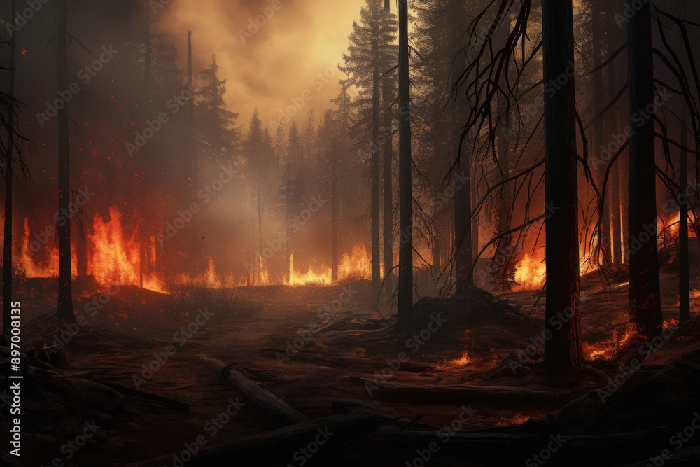 Fire in a forest with lots of trees Fire in a forest with lots of trees
