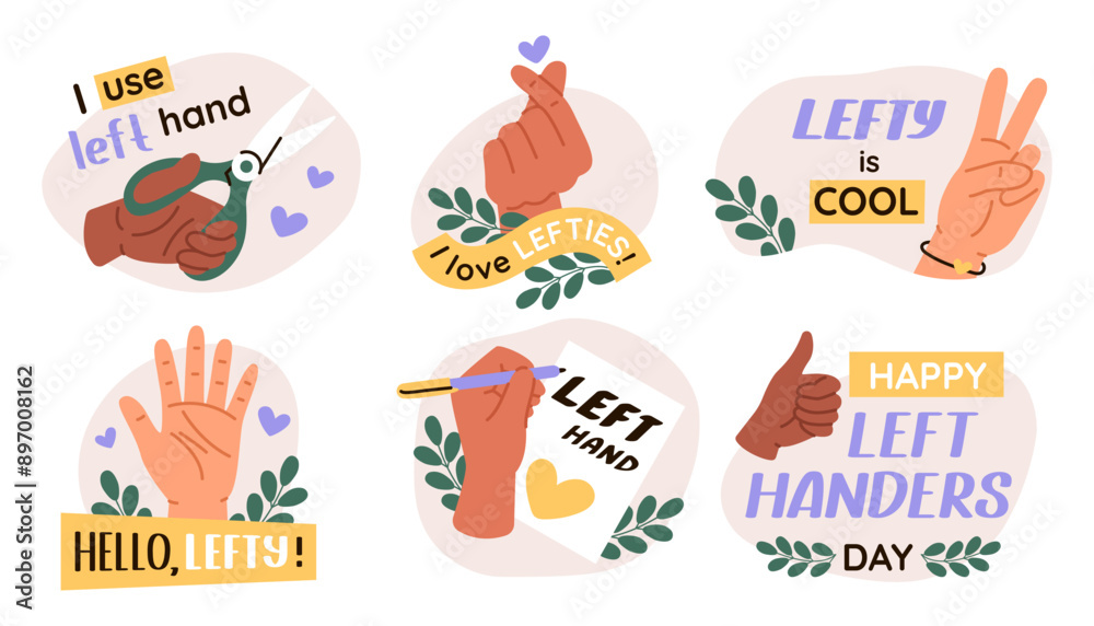 Group of vector illustration of left hand. Left handers day stickers. Concept of celebration lefty people day. Group of vector illustration of left hand. Left handers day stickers. Concept of celebration lefty people day.