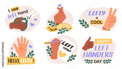 Group of vector illustration of left hand. Left handers day stickers. Concept of celebration lefty people day.