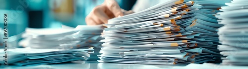 A person is sitting at an office desk, surrounded by stacks of white paper with documents on them and papers scattered around the table