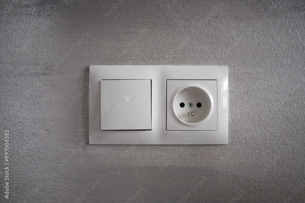 White plastic electrical euro socket with grounding.  Light switch with socket in one housing.  Socket with switch.