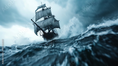 Realistic photograph of an old ship sailing through the stormy sea, people on board fighting against nature's forces, epic scene, cinematic lighting, dramatic composition.