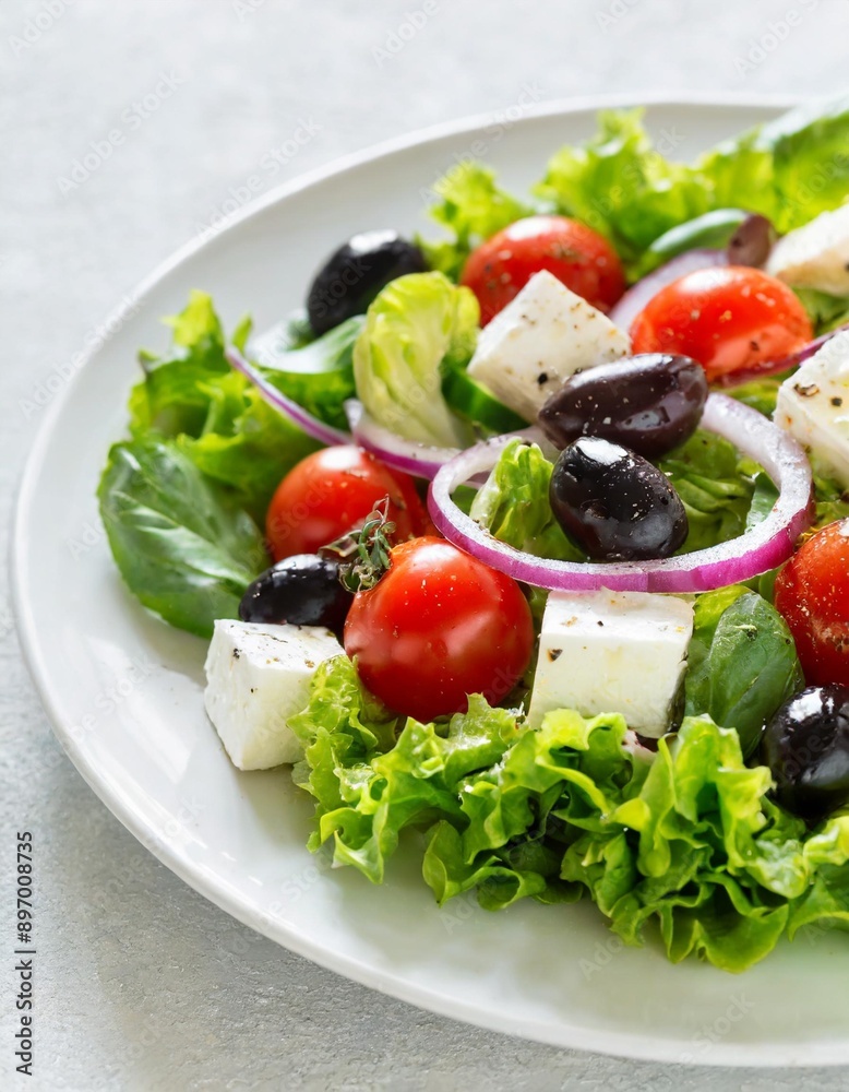 Greek salad on white plate isolated on white background. Greek salad on white plate isolated on white background.