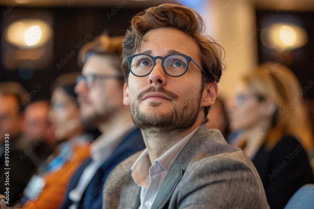 A young man in glasses looks up thoughtfully during a conference. The image evokes curiosity, learning, and intellectual engagement. A young man in glasses looks up thoughtfully during a conference. The image evokes curiosity, learning, and intellectual engagement.