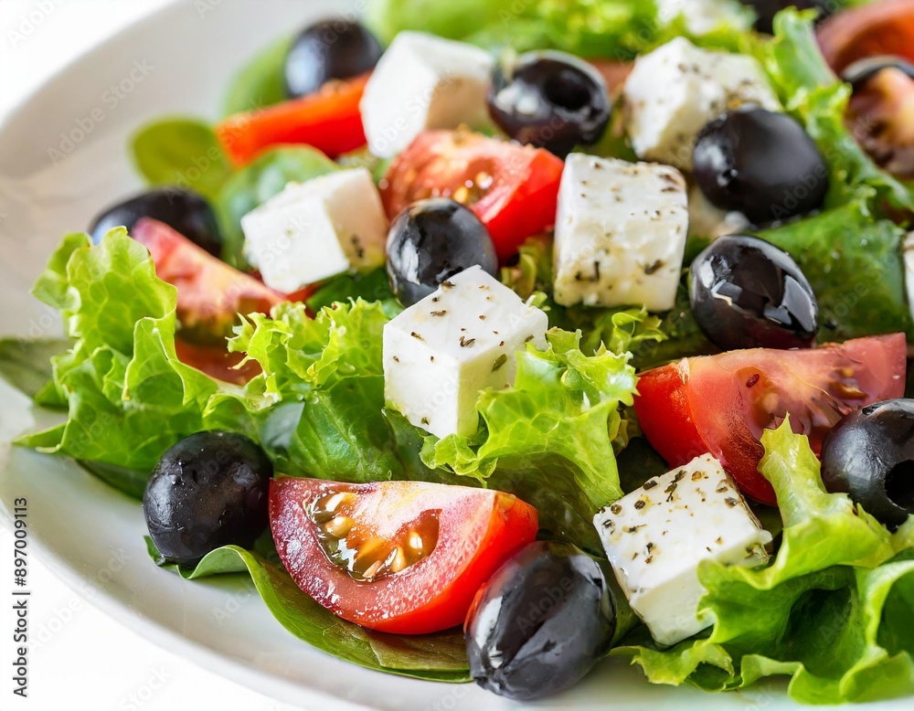 Greek salad on white plate isolated on white background. Greek salad on white plate isolated on white background.