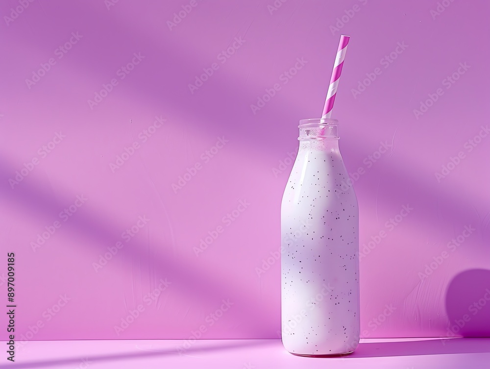 Closeup of a white bottle with straw, bright purple backdrop, minimal design, soft shadows, high detail, eye-level shot Closeup of a white bottle with straw, bright purple backdrop, minimal design, soft shadows, high detail, eye-level shot
