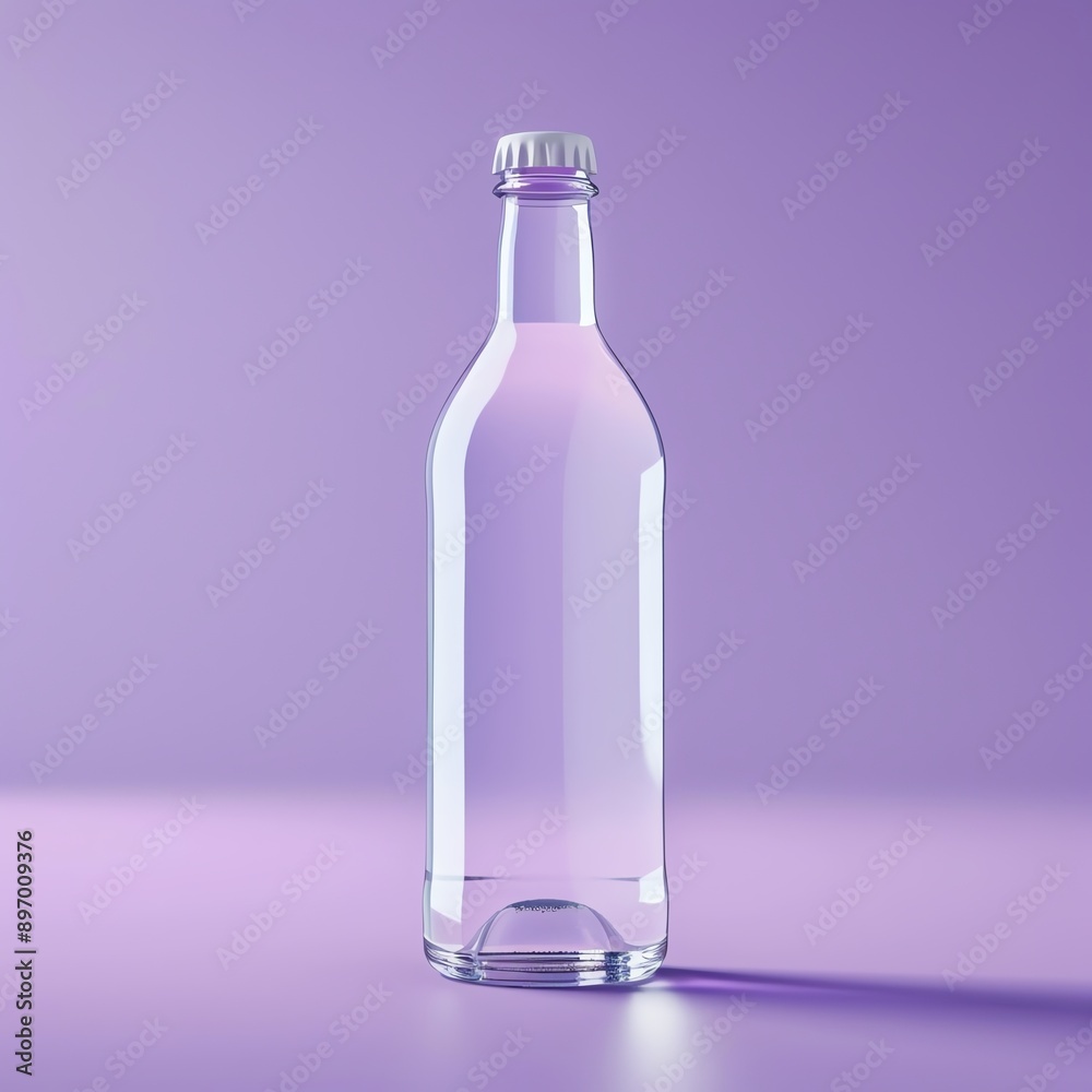 White bottle with water, bright purple background with shadow, photo realistic, centered, crisp and clean composition White bottle with water, bright purple background with shadow, photo realistic, centered, crisp and clean composition