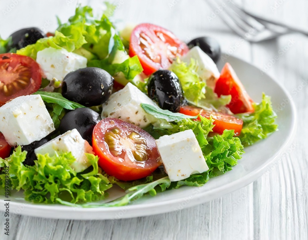 Greek salad on white plate isolated on white background.