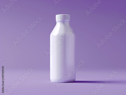 Photo realistic cool drink in white bottle, bright purple backdrop, centered, natural light, high detail