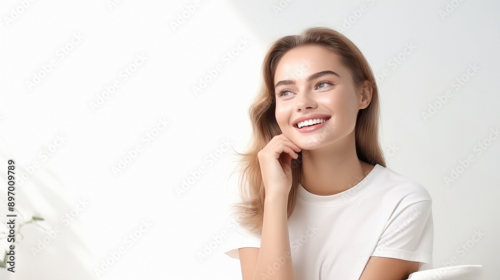 Fototapeta premium a woman sitting in front of a white background and smiling