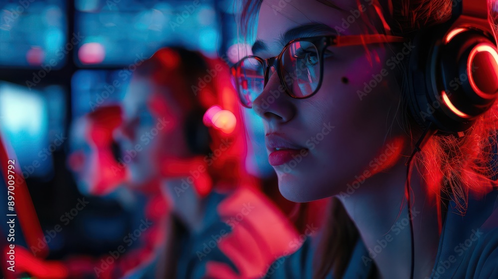 A young woman wearing headphones and glasses focuses intently on a computer screen in a brightly lit room. A young woman wearing headphones and glasses focuses intently on a computer screen in a brightly lit room.
