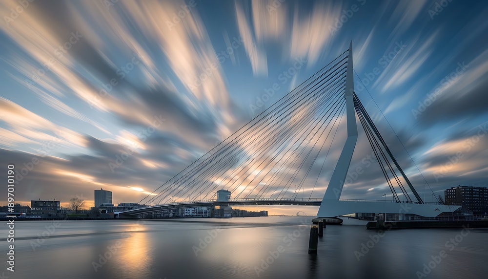 Fototapeta premium Bridge and City Skyline under a Dramatic Sky