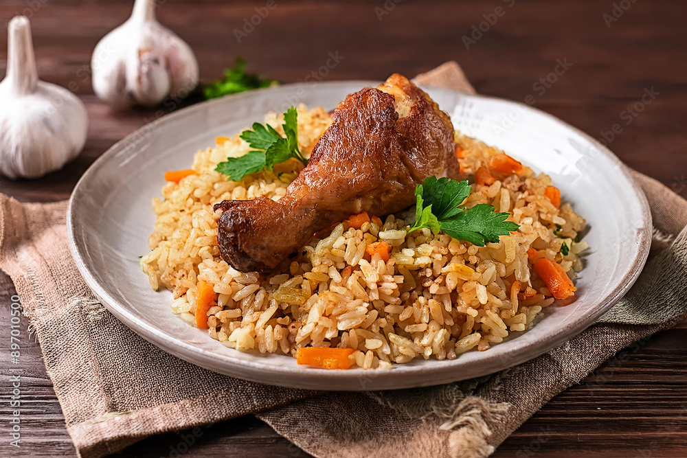 Pilaf with chicken drumstick in a light plate on a napkin with garlic and fresh herbs on a dark wooden background. A traditional oriental dish. Side view with copy space. Horizontal orientation. Pilaf with chicken drumstick in a light plate on a napkin with garlic and fresh herbs on a dark wooden background. A traditional oriental dish. Side view with copy space. Horizontal orientation.