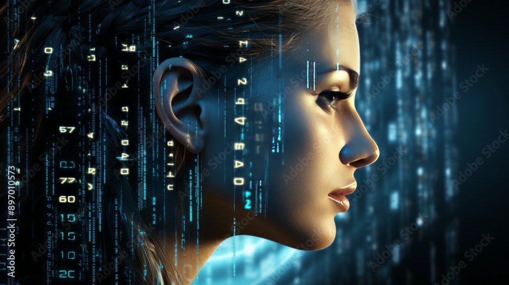 woman looking at screen with abstract technological background woman looking at screen with abstract technological background