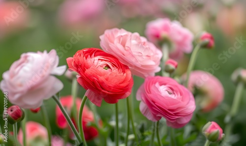 Beautiful Pink and Red Ranunculus Flowers, Generative AI