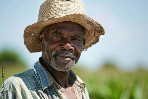 Experienced farmer is smiling while standing in his field