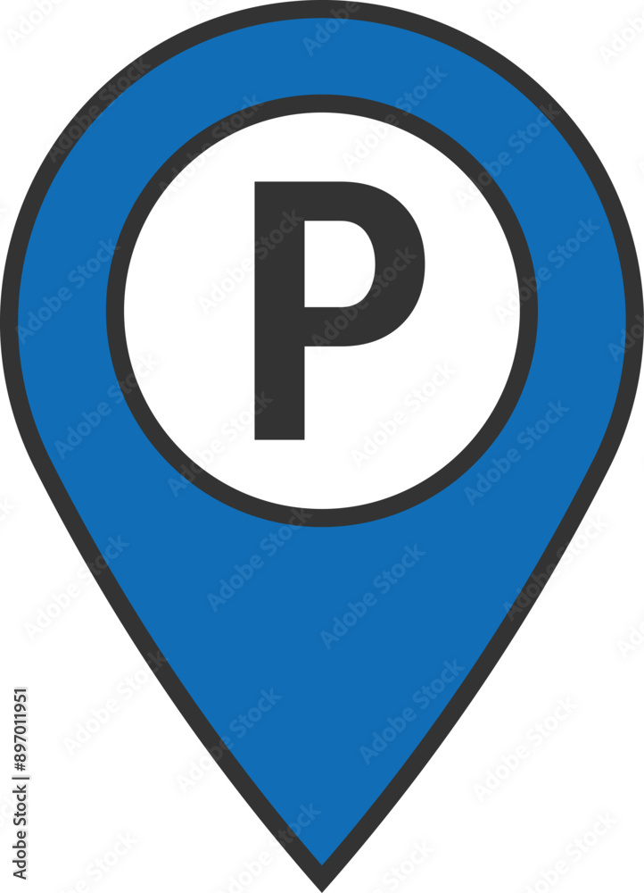 Parking location pin. Blue location pin with black outline and parking symbol on it. Vector icon for mobile apps, UI and web design Parking location pin. Blue location pin with black outline and parking symbol on it. Vector icon for mobile apps, UI and web design