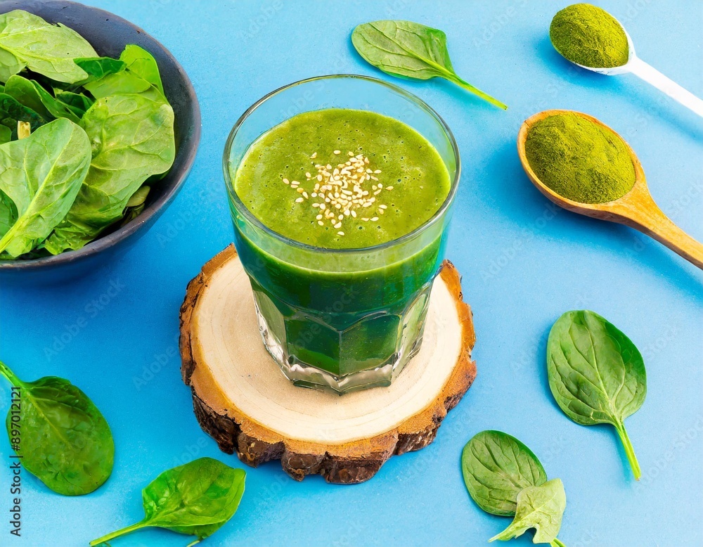 Green spinach smoothie on blue table from above. Detox and diet food for breakfast. Green spinach smoothie on blue table from above. Detox and diet food for breakfast.