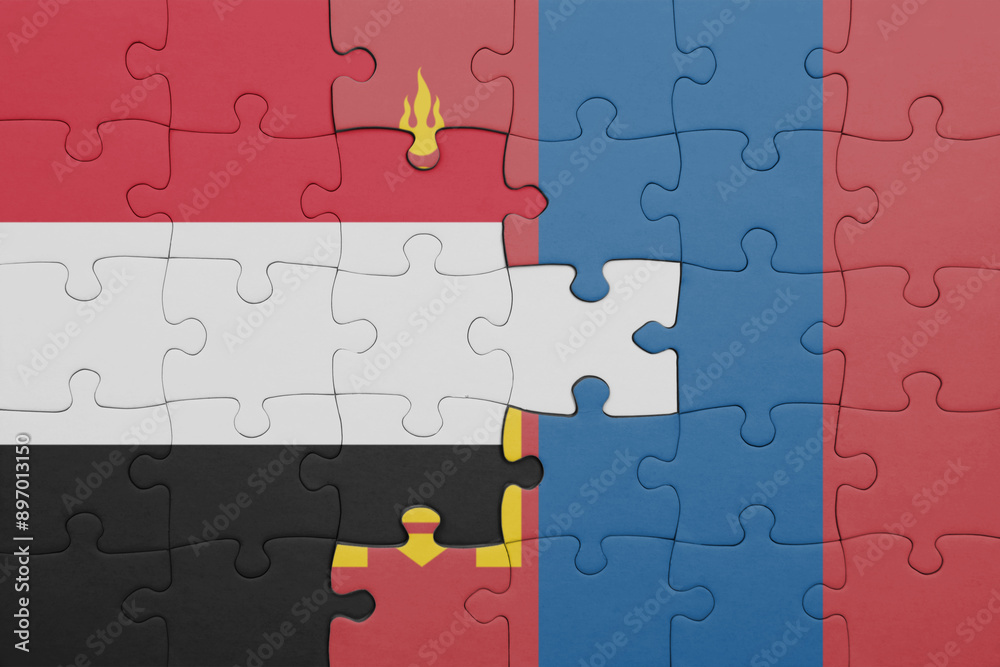 puzzle with the colourful national flag of yemen and flag of mongolia . puzzle with the colourful national flag of yemen and flag of mongolia .
