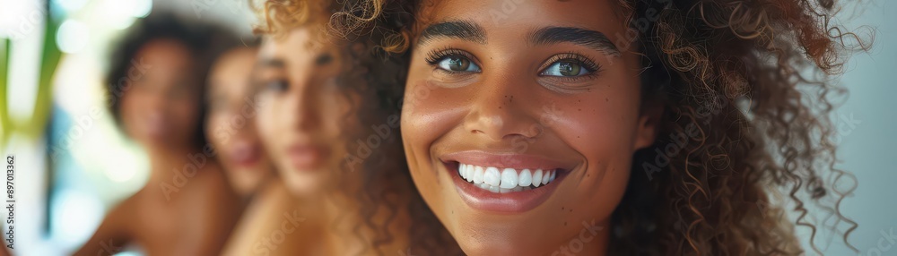 Close-up portrait of a smiling woman with curly hair. Close-up portrait of a smiling woman with curly hair.
