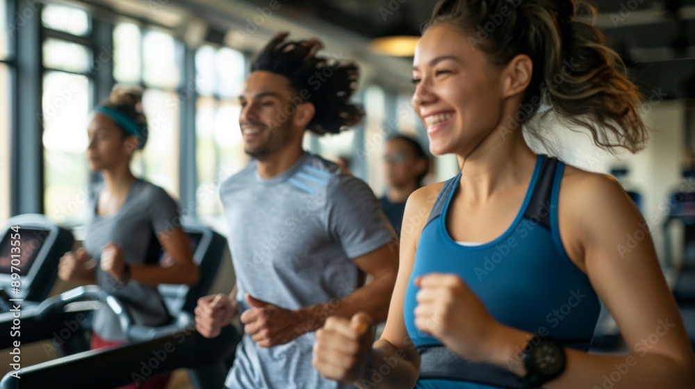 A woman smiles while running on a treadmill at a gym with two other people in the background. A woman smiles while running on a treadmill at a gym with two other people in the background.