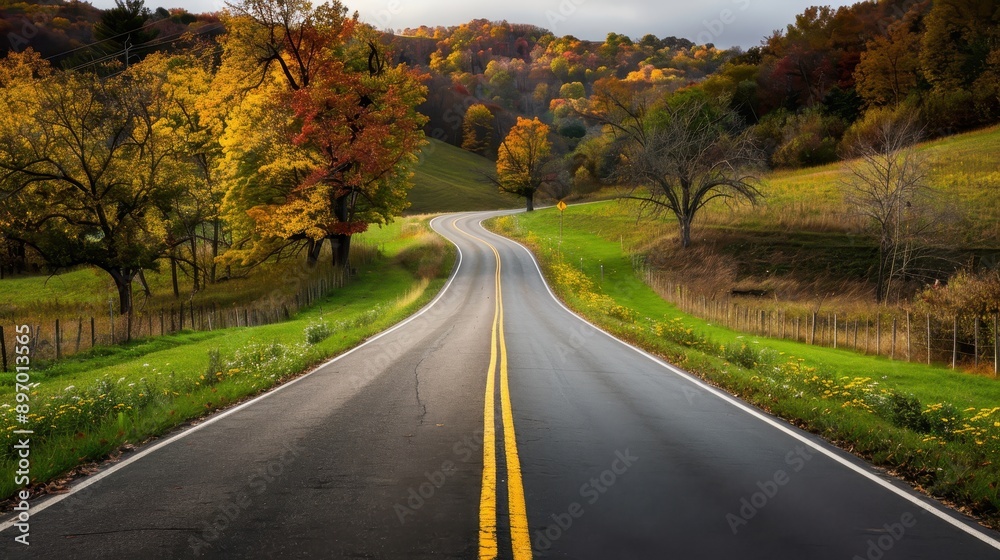 Fototapeta premium Serene Countryside Road Winding Through Vibrant Autumn Foliage and Rolling Hills Under a Cloudy Sky