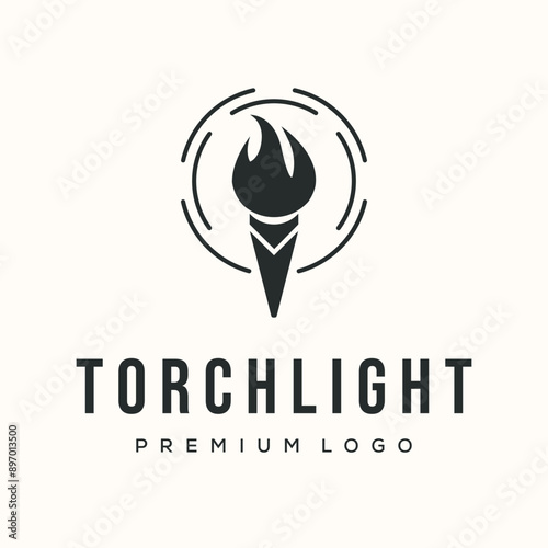 torch flare vintage logo vector minimalist illustration design, flat torch with badge symbol design