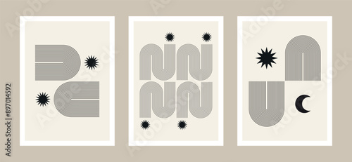 boho minimalism posters, retro wall art, line art geometry and celestial shapes, vintage prints, bohemian compositions, minimalist vector illustrations, mid-century modern graphic design