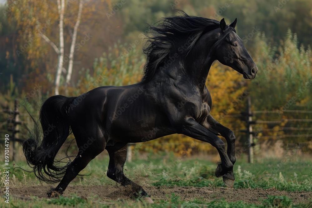 Powerful black stallion with a long mane running in a field near a forest Powerful black stallion with a long mane running in a field near a forest