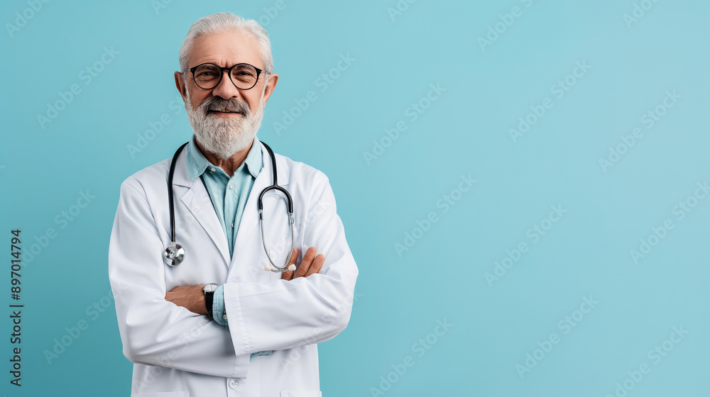 Senior doctor wearing a white lab coat and stethoscope, standing with arms crossed against a light blue background. Senior doctor wearing a white lab coat and stethoscope, standing with arms crossed against a light blue background.