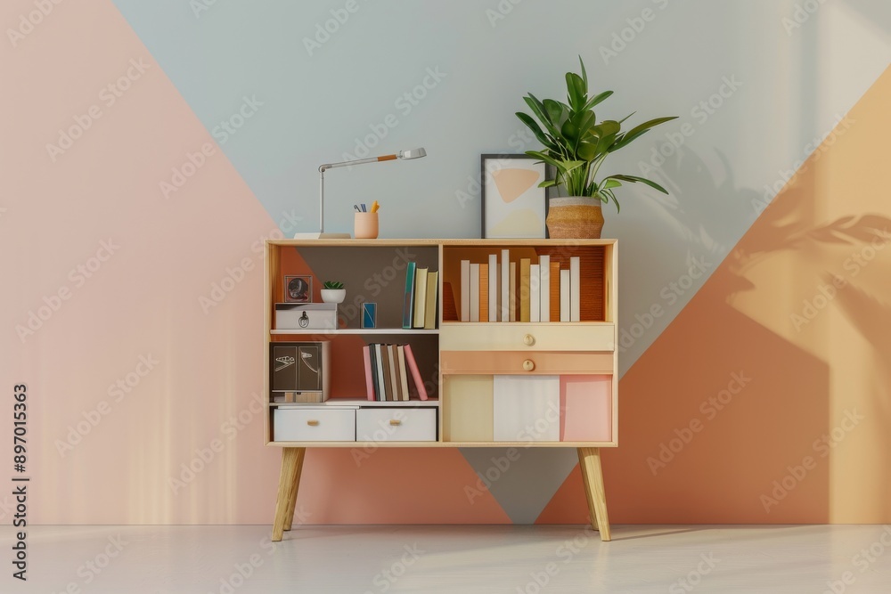 modern interior with bookshelf and plant. modern interior with bookshelf and plant.