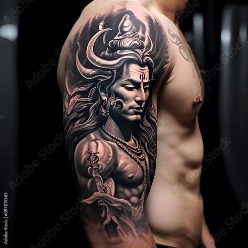 person with lord shiva tattoo in his arm