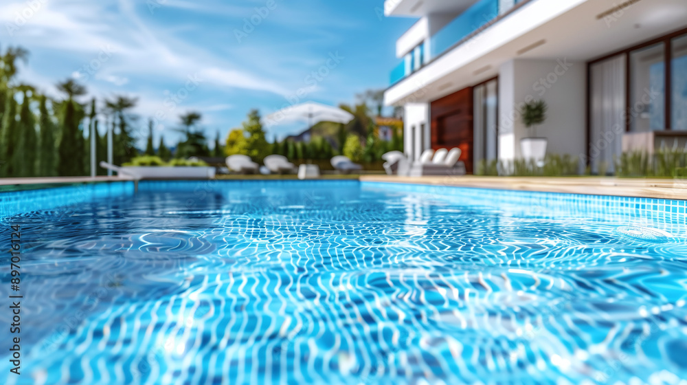 Fototapeta premium Swimming pool near a private modern house against a blue sky