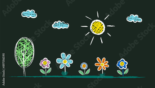 Landscape made by a child's hand with chalk on asphalt or a blackboard. Sun, tree, flowers. Children's drawings White and colored lines on a dark background