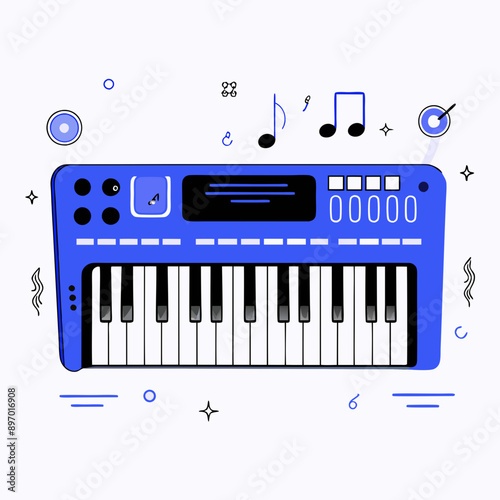 Digital Music Keyboard Icon with Musical Notes and Technological Elements