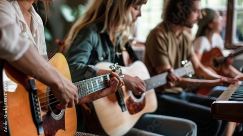 A group of people playing acoustic guitars and a keyboard.
