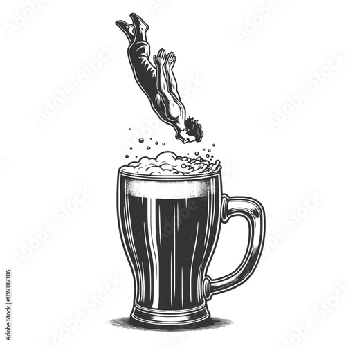 man diving into an overflowing mug of beer, merging classic art with humor sketch engraving generative ai fictional character vector illustration. Scratch board imitation. Black and white image.