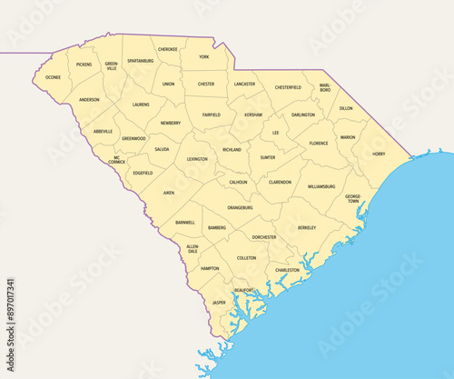 South Carolina counties, political map with borders and county names. State in the Southeastern region of the United States, subdivided into 46 counties. Nicknamed The Palmetto State. Illustration