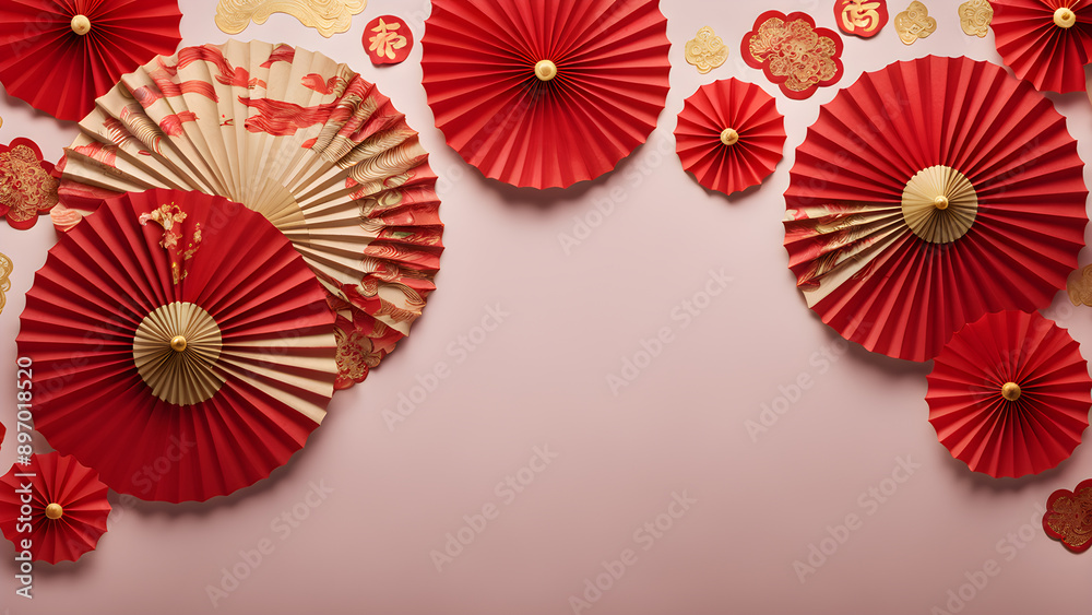 Obraz premium Chinese New Year Banner Template: Abstract Art with Oriental Paper Umbrella. Lunar New Year Celebration. Happy New Year Traditional Holiday