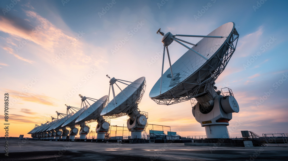 A row of large satellite dishes or radio telescopes aligned outdoors at sunset or sunrise, with a colorful sky in the background. A row of large satellite dishes or radio telescopes aligned outdoors at sunset or sunrise, with a colorful sky in the background.