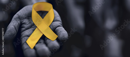 A close-up of a yellow ribbon in a hand symbolizing support, awareness, and Suicide Prevention Day photo