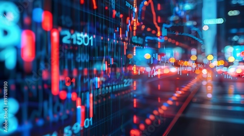 Financial analysis Data Chart with City lights for Future stock market trading growth technology concept.