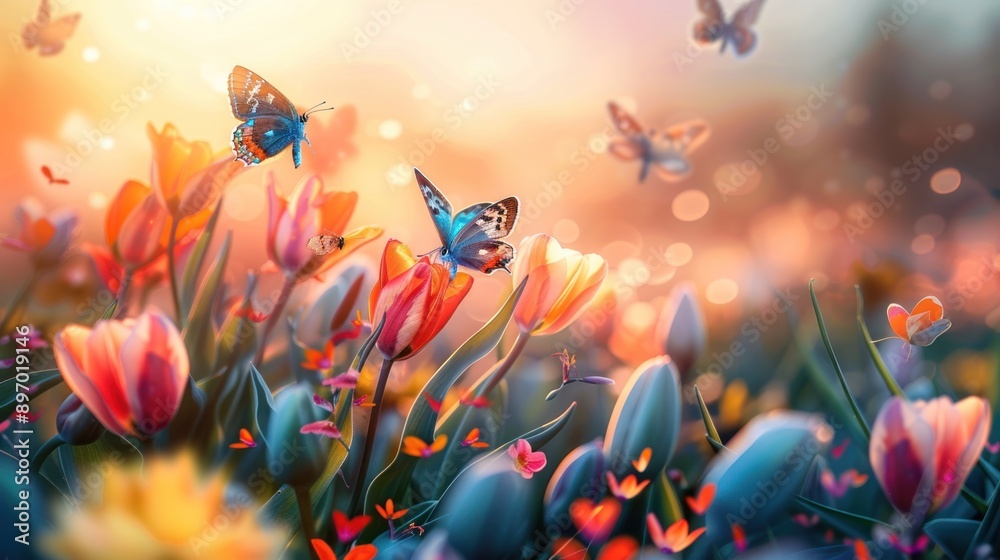 Colorful tulips and butterflies Colorful tulips and butterflies