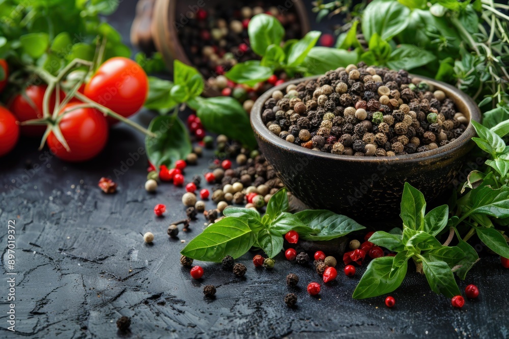 Fresh herbs and spices being added to a dish by a chef in a commercial kitchen Fresh herbs and spices being added to a dish by a chef in a commercial kitchen