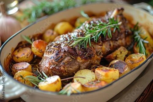 A dish of arni sto fourno, oven-roasted lamb with potatoes and herbs, garnished with fresh rosemary. photo