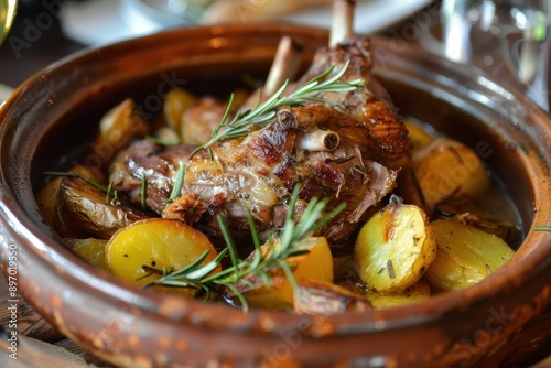 A dish of arni sto fourno, oven-roasted lamb with potatoes and herbs, garnished with fresh rosemary.
