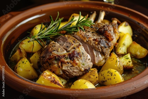 A dish of arni sto fourno, oven-roasted lamb with potatoes and herbs, garnished with fresh rosemary. photo