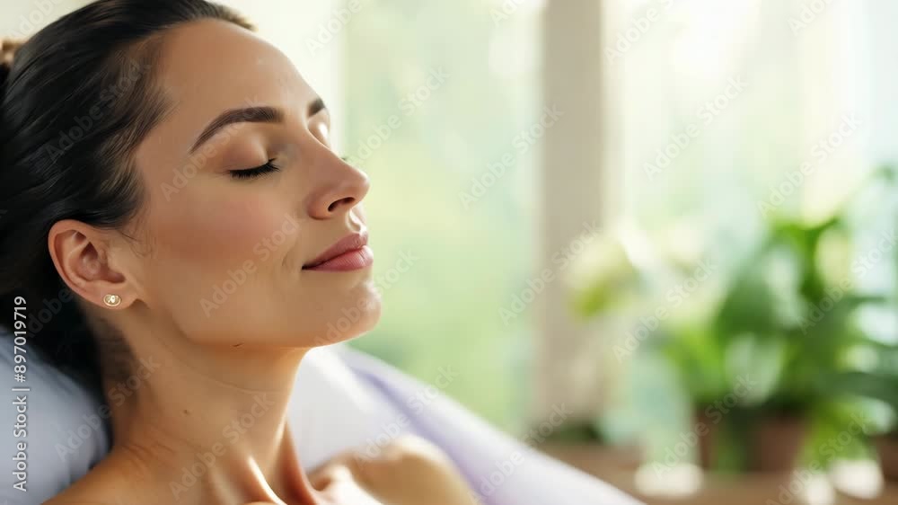 Woman relaxing with eyes closed during luxurious spa treatment Woman relaxing with eyes closed during luxurious spa treatment