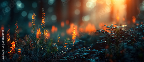 Golden Hour Forest: A mesmerizing landscape photograph captures the ethereal beauty of a forest bathed in the warm glow of the setting sun. , environment cover banner