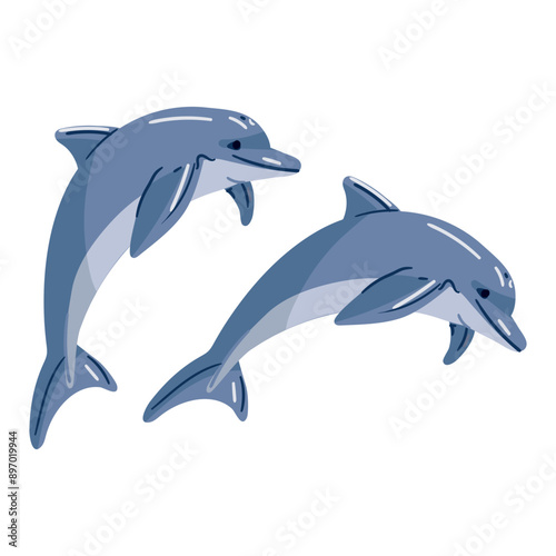 Flat two blue dolphins in a jump. Cute dolphins jumping on a white. An oceanic aquatic animal is a dolphin. Vector flat or cartoon illustration isolated on white. Cute illustration of a marine animal